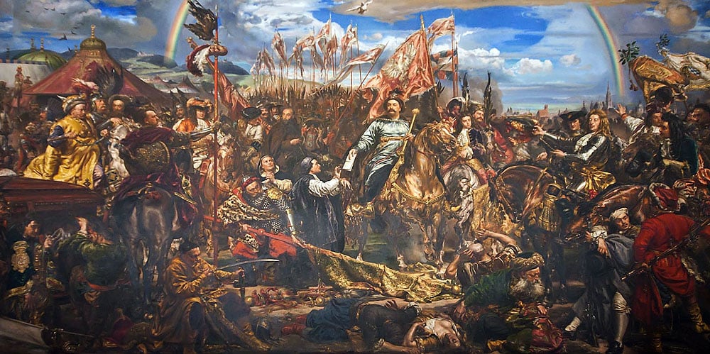 Ян Матейко «Собеский в Вене», 1883, Ежи Франтишек Кульчицкий изображен в верхнем левом углу, фото: Wikipedia